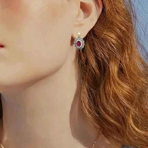 Ruby Red And Cubic Zirconia Chic Classic Events Holiday Party Gift Earrings - Picture 2 of 8